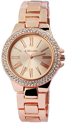 Excellanc Damen-Uhr Gliederband Metall Strass Faltschließe Analog Quarz 1800140 (roségoldfarbig)