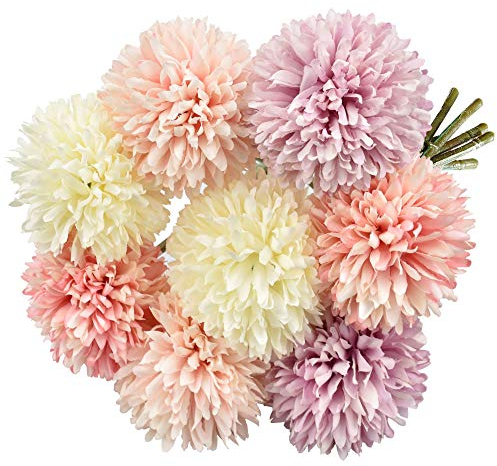 EMAGEREN Künstliche Hortensie Blumen 8 Stück Unechte Blumen Seide Chrysantheme kleine Kugel Blumen Braut Hochzeitsblumenstrauß für Haus Garten Party Blumenschmuck (Rosa Champagner Lila)