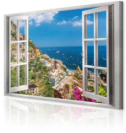 decomonkey - Impression sur Toile Paysage Nature 60x40 1 Pièce - Tableau Décoration Appartement Déco Salon Peinture sur Toile Architecture paysage ville vue mer depuis la fenêtre italie