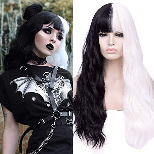 TANTAKO Lange Perücke Schwarz Weiß, Halb Schwarz Halb Weiß Farbe Cosplay Party Synthetische Halloween Cosplay Kostüm Damen