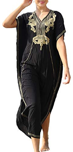 Bsubseach Black Short Sleeve Kaftan Dress for Women Loose V Neck Embroidery Bikini Cover Up Plus Size