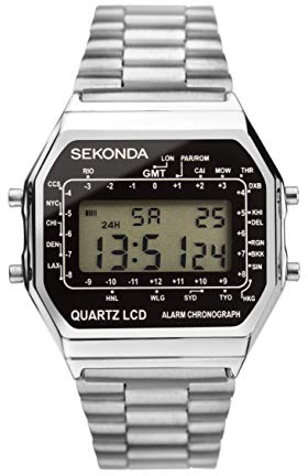 Sekonda Classic Herren-Quarzuhr, 34 mm, in Schwarz mit digitaler Tages-/Datumsanzeige und silbernem Edelstahlarmband 1816