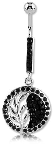 INOKI - Yin Yang Bauchnabelbanane aus österreichischem Kristall - Drahtstärke 1.6mm, Innere Länge 10mm, Ball 5mm - Onyx