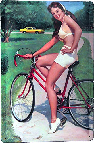 Blechschild 20x30 Fahrrad fahrende Frau Pin Up Girl im Retro Nostalgie Design