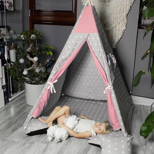 PaLulli Tipi Spielzelt für Kinder mit Matte & Anti-Kollaps-System & 4 Dekokissen Baumwolle- Segeltuch Kinderzelt (Stars PINK)