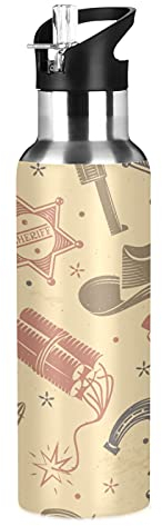Vnurnrn Art Vintage Cowboy Européen Bouteille d'eau Isotherme avec Paille en Acier Inoxydable Gourde 600ML, Sans Bpa Gourdes Eau pour Enfant Sport Randonnée École Bureau