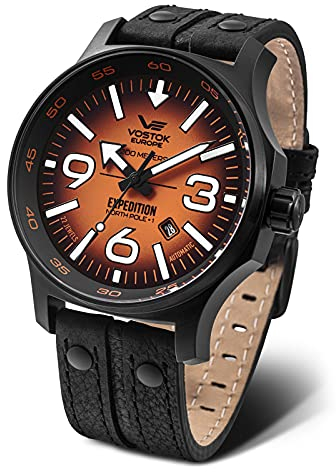 Vostok Europe YN55 Expedition Nordpol 1 Herrenuhr mit Multinieten, Lederarmband, automatisches Datum, orange/schwarz, Riemen