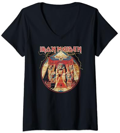 Womens Iron Maiden - Powerslave Lightning Circle V-Neck T-Shirt