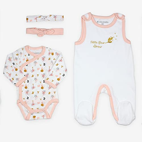 KINOUSSES - Set per neonato, motivo: fiore d'Amore - 4 pezzi (salopette, body e 2 fasce - Velluto - Ragazza - 0 mesi