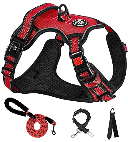 NESTROAD Hundegeschirr Große Hunde Leine Geschirrset Rot, Größe L für Hunde Grosse mit Halsumfang 38~48CM Brustumfang 48~74CM, enthalten Brustgeschirre Hundeleine und Sicherheitsgurt Auto
