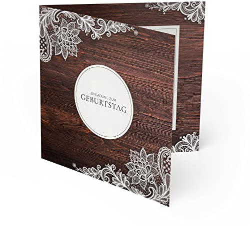 (10 x) Einladungskarten zum Geburtstag Einladung Karte Holz Spitze Edel runder Geburtstag