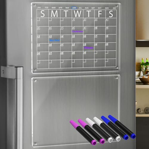 HIIMIEI Magnetic Fridge Calendar, 15.7” x 11.8” Clear 2 Set Acrylic Magnetic Whiteboard for Fridge with 6 Dry Erase Markers 3 Colors, Reusable Dry Wipe Clean Weekly Planner Board for Menu, Meal, Memo