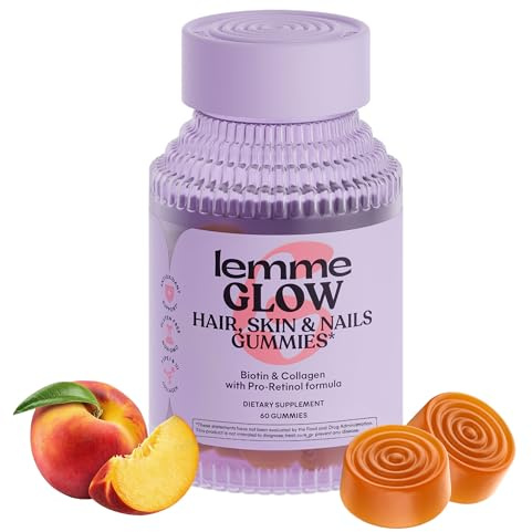Lemme Glow Collagen Gummies for Thick Hair, Strong Nails & Healthy Skin with Multi-Collagen Peptides, Biotin, Trace Minerals, Zinc, Vitamins A, C & E, Dairy & Gluten Free, Peach Flavor, 60 ct.
