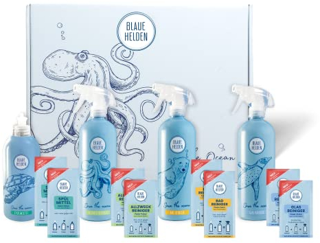 Blaue Helden 4er Nachfüllset + 8x Nachfüll-Pulver (Bad, Glas, Allzweck, Spülmittel)