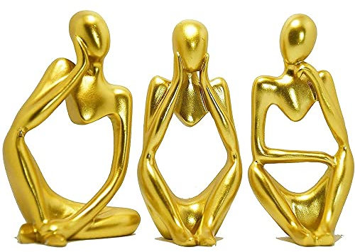 Qanye 3 Stücke Abstrakte Resin Skulptur, Denker Resin Abstrakt Statue Skulptur, Statue Denkers Set, Statuen zur Dekoration von Wohnungen, Büros, Bücherregalen, Schreibtischen (Golden)
