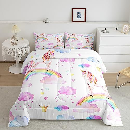 Mädchen Einhorn Steppdecke 200x200cm Rosa Regenbogen Einhorn Bettdecke Karikatur Verträumt Pferd 4-Jahreszeiten Bettdecke für Kinder Teenager Frauen Dekorativ Süß Schön Einhorn Muster Steppbett