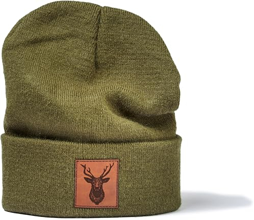 minifan Outdoor Strickmütze: Hirsch Leder Emblem - Mütze für Jäger Jagd Jäger-Mütze Wintermütze Beanie Mütze Damen & Herren Förster Outdoor Mütze Männer Geschenk (Olive)