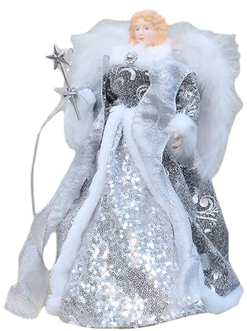 30cm Weihnachtsengel Baumspitze, Engels Baumspitze, Silbernes Und Weißes Kleid,Tannenbaumspitze Baumschmuck Glitzer Engel Weihnachtsdeko