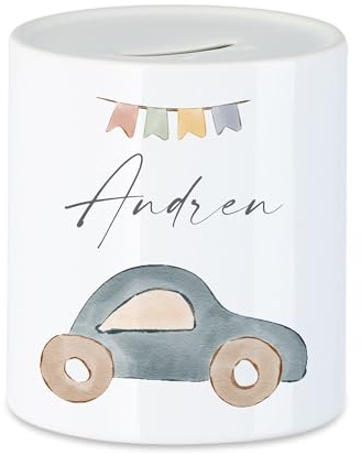 Manufaktur Liebevoll Personalisierte Kinder Spardose Auto Namen Geburt Taufe Taufgeschenk Baby Geschenk Geburtstagsgeschenk Geldgeschenk Sparschwein Sparbüchse Keramik Mädchen Junge (Motiv Auto)