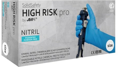 Einmalhandschuhe aus Nitril, Typ A, Größe XXXL, blau, Solidsafety High Risk Pro: puderfreier Nitrilhandschuh als Chemikalienschutzhandschuh als PSA kaufen.