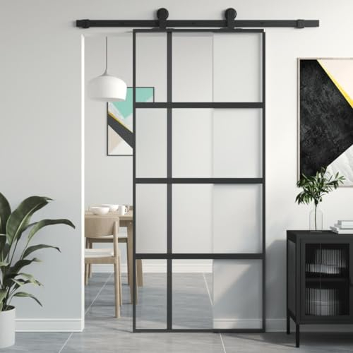 Festnight Schiebetür Glasschiebetür Schwarz-14 Schiebetür Mit Tür Sliding Door Innentüren Schwebetüren 90 x 205 cm Hartglas und Aluminium