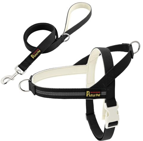 Plutus Pet Cotton Dog Harness and Lead Set, Reflective and Soft Padded, Quick Fit Vest Harness, for Small, Medium and Large Dogs, Black, M