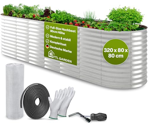 TTL GARDEN 320x80x80cm Spirit XL Metall Hochbeet Silber - Stahl rostfrei verzinkt Wellblech ovale Form sehr groß stabil & wetterfest Garten Beet für Gemüse Kräuter Blumen Gartenbeet Gemüsebeet