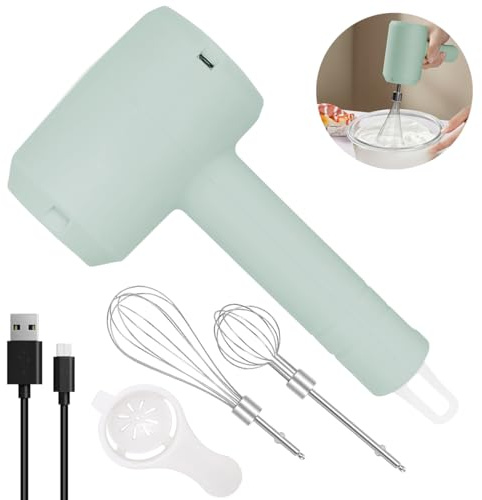 NIUAWASA Sbattitore Elettrico Ricaricabile, Funziona a Batteria Portatile a Frustino Montalatte Mano 3 Velocità e 2 Staccabile Fruste per la Cottura e Frullino per le Uova e Frullato Crema (Verde)
