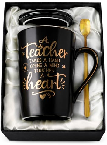 Best Teacher Appreciation Gifts for Men, 14oz Unique Black Ceramic Teacher Coffee Mug with Gold Print, Christmas Presents for Teachers Graduation Retirement from Student, with Lid Spoon Card, Gift Box