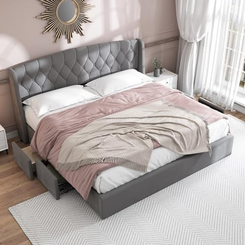 Skcess Samt Polsterbett,Schubladen Aus Stabilem Drahtgeflecht,Doppelbett Mit Lattenrost Und 4 Bettschubkästen,180 X 200 cm,Ohne Matratze,Grau