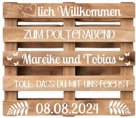 Palettenaufkleber Polterabend, personalisiert mit Namen und Datum in Schwarz oder Weiß, Aufkleber für Palette passend für Europalette, Diy Hochzeitspalette, Klebeschrift