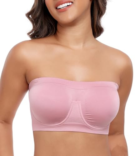 DotVol Women's Unpadded Wired Strapless Multiway Bandeau Bra(Pink,XL)