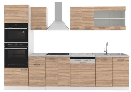 Vicco Küchenzeile R-Line, Sonoma/Weiß, 300 cm mit Hochschrank, AP Eiche