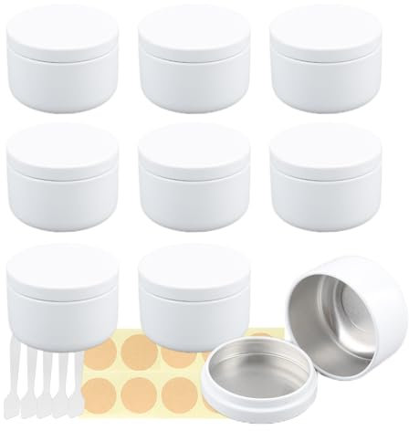 Lusdoly 10 Pièces 50ml Blanc Pots en Aluminium Cosmétique Bougie Aluminium Vides Pots de Voyage pour Baume à lèvres avec Mini Spatule et Étiquette