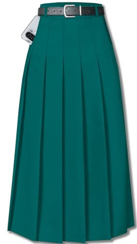 SANGTREE Damen Mädchen A-Linie Lang Plissee Hohe Taille Mode Rock Schuluniform Cosplay, Dunkelgrün, Klein