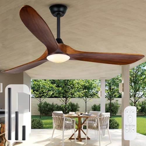 Ventilador de techo para exterior de 132 cm con luz con palas de madera, ventilador de techo rústico de tres palas con motor de corriente continua con mando a distancia para el salón cenador