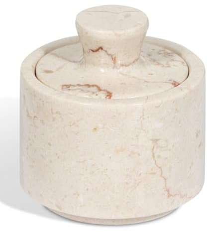 Beige Marble Salt Cellar with Lid (3.5oz) - Scratch-resistant & Easy-to-Clean Salt Containers for Countertop - Elegant & Versatile Marble Jar to Store Salt, Sugar & Dry Spices - Compact Salt Dispenser