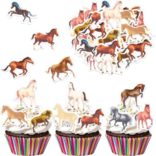 Catelves 48 Stück Essbare Tortendeko Pferd Geburtstagsdeko,Pferd Kuchen Deko Essbare,Esspapier Pferd Tortendeko,Pferd Cupcake Topper,Pferd Muffin Deko Essbar für Kindergeburtstag,Pferd Party Deko