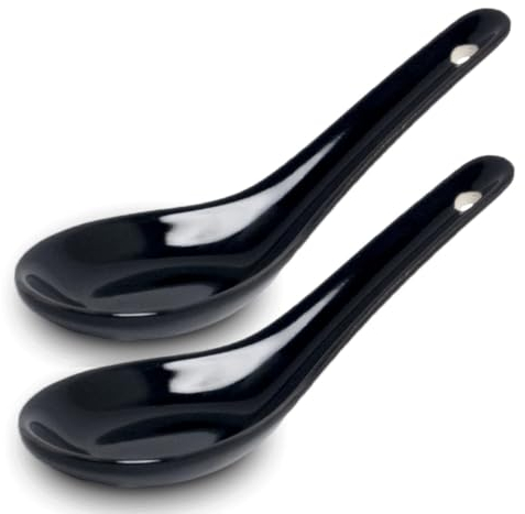White and black Series ASIATICA | Porzellan-Löffel-Set Asien | 13 cm - Reis-Löffel - Suppen-Löffel, Servier-Löffel, Dessert-Löffel - Spoon-Set Ramen (2er Set schwarz)
