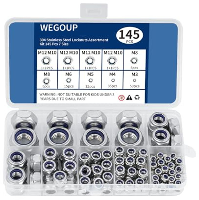 WEGOUP 145 PCS Nylon Insert Lock Nuts Assortment Kit, Metric M3-M12, 304 (A2-70) Stainless Steel Lock Nuts, Hex Nut Set for Industrial and Home Use
