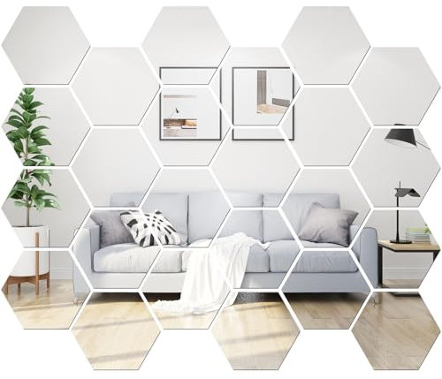gaoduanluoluo 24 Pezzi Specchio Adesivo da Parete, Acrilico Esagonale Specchio da Porta, Specchi Decorativi per Casa Decorazione, Soggiorno, Corridoio, Bagno, Camera da Letto (Argento)