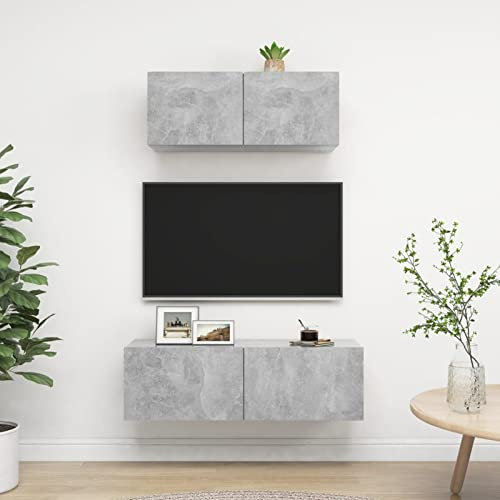 Iiaky Ensemble de Meuble TV 2 pcs Gris béton Aggloméré,Meuble TV,Table Basse Salon Meuble TV,Table Basse LED Couleurs