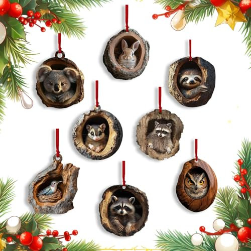 Ayizhiniu 8pcs Weihnachtliches Acryl Tier Dekor, 2D eulen Christbaumschmuck, Weihnachts Acryl Eule Anhänger, Weihnachtstieranhänger, Anwendbar auf Weihnachten Hausdekoration