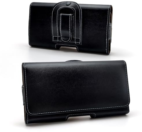 Étui de Ceinture Pochette Téléphone Portable Holster, Sacoche Telephone Horizontal Cuir Véritable Compatible avec iPhone 16 15 14 13 12 Samsung Galaxy S23 S24 S10 - Noir
