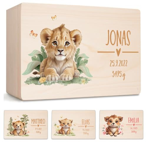 Little Deco Erinnerungsbox Baby Holzkiste mit Dschungel Löwe | M - 30 x 20 x 13 cm | personalisiert mit Namen Geburt & Taufe für Mädchen und Jungen XHL1010-03M