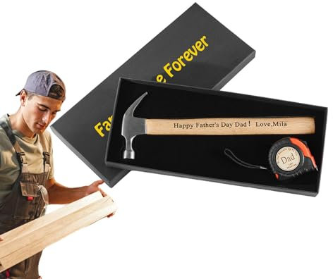 Father’s Day Hammer and Tape Measure Set, Engraved Wood Handle Hammer, Unique Measuring Tape Gift with Precise Size Measurements for Dad, Handyman Tool Kit, 11.81 Inches