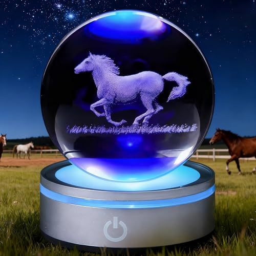 POSSHE Pferde Geschenke, Pferd Nachtlicht, 3D-K9-Kristallkugel-Lampe (80 mm) mit Fernbedienung, 16 RGB-Farben, Timer, Dimmer zum Geburtstag Weihnachten, coole, Geschenke zur Zimmer-Dekoration