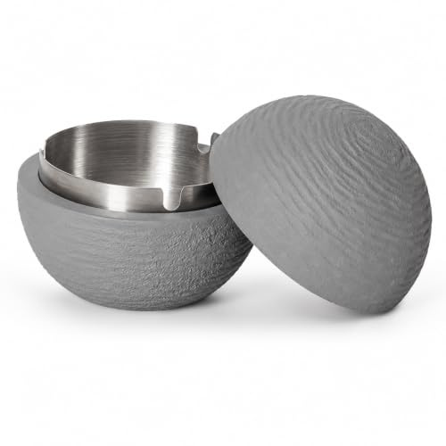 WGXIA Aschenbecher mit Deckel Outdoor Beton Design mit Edelstahl Einsatz | Beton Optik mit herausnehmbarem Edelstahleinsatz, windgeschütztes Design, ideal für Balkon Terrasse Garten und Außenbereiche