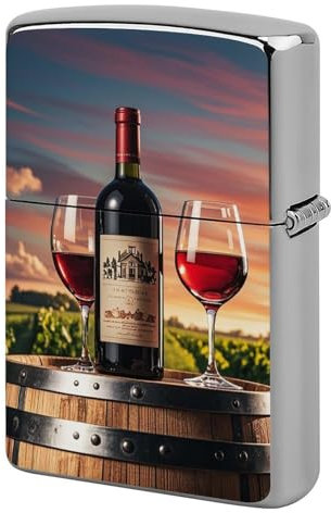 Tonneau de vin en bois sur bouteille de vin en métal - Briquet coupe-vent vintage réutilisable pour homme - Briquet de poche personnalisé à rabat double face portable