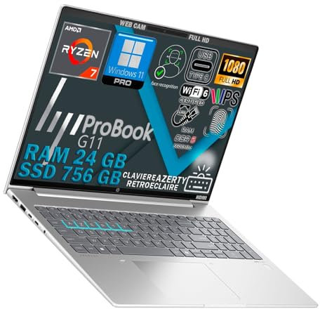 HP PROBOOK 465 G11, Ryzen 7 7735U 4.7Ghz, RAM 24Go DDR5, SSD 1000Go, écran 16 FULLHD, WiFi6E, FaceID, Empreinte Digitale, Clavier rétroéclairé, Win11, configuré, AZERTY, Couverture en Aluminium, Slim
